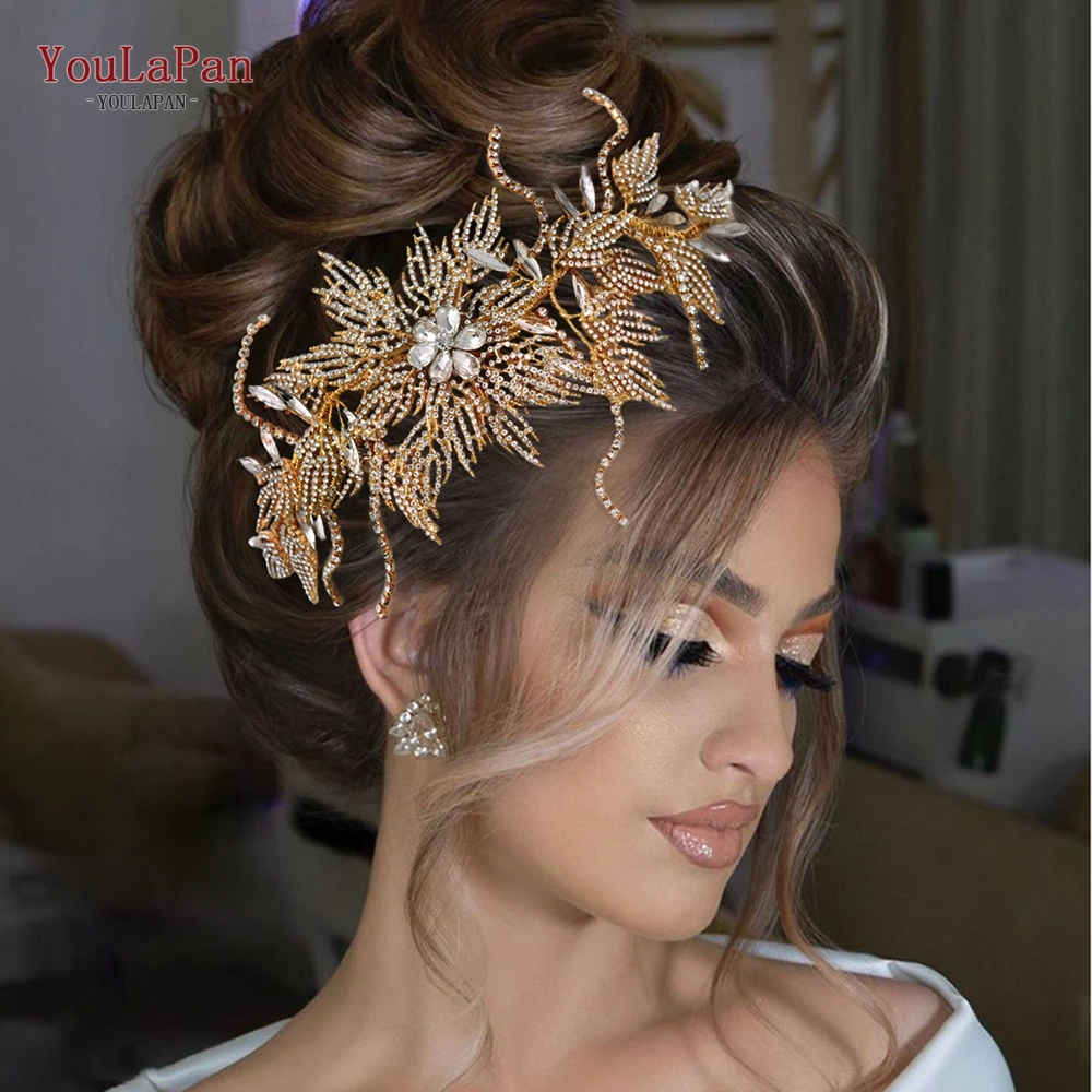 YouLaPan Gold Floral Wedding Hair Comb Bridal Crystal Pearls Headpiece Hair Accessories Bride Jewelry Women Hair Clips HP368