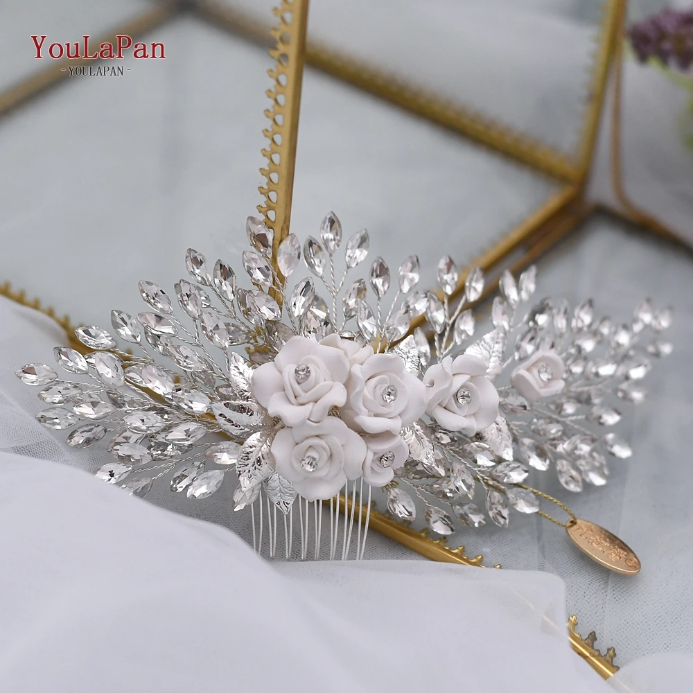 YouLaPan Gold Floral Wedding Hair Comb Bridal Crystal Pearls Headpiece Hair Accessories Bride Jewelry Women Hair Clips HP368