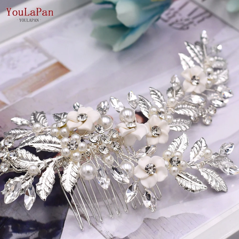 YouLaPan Gold Floral Wedding Hair Comb Bridal Crystal Pearls Headpiece Hair Accessories Bride Jewelry Women Hair Clips HP368