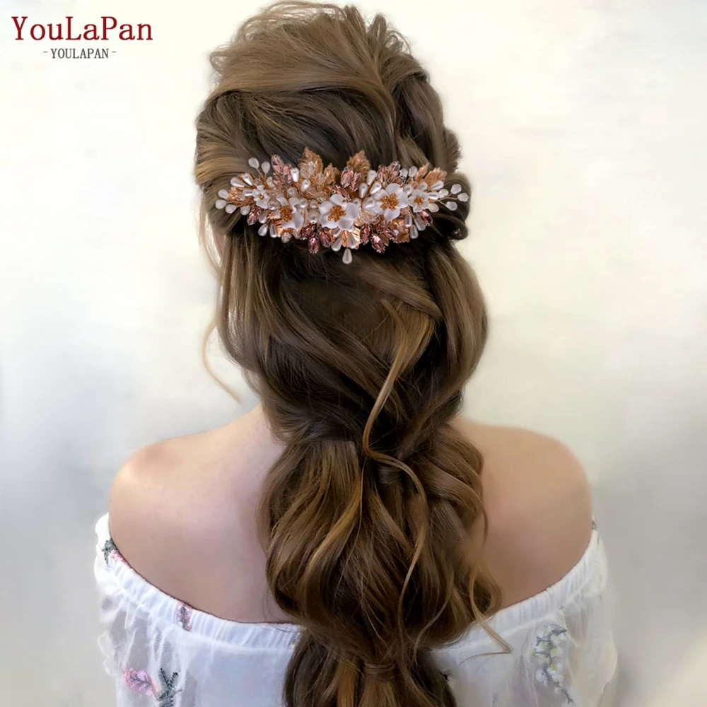 YouLaPan Gold Floral Wedding Hair Comb Bridal Crystal Pearls Headpiece Hair Accessories Bride Jewelry Women Hair Clips HP368
