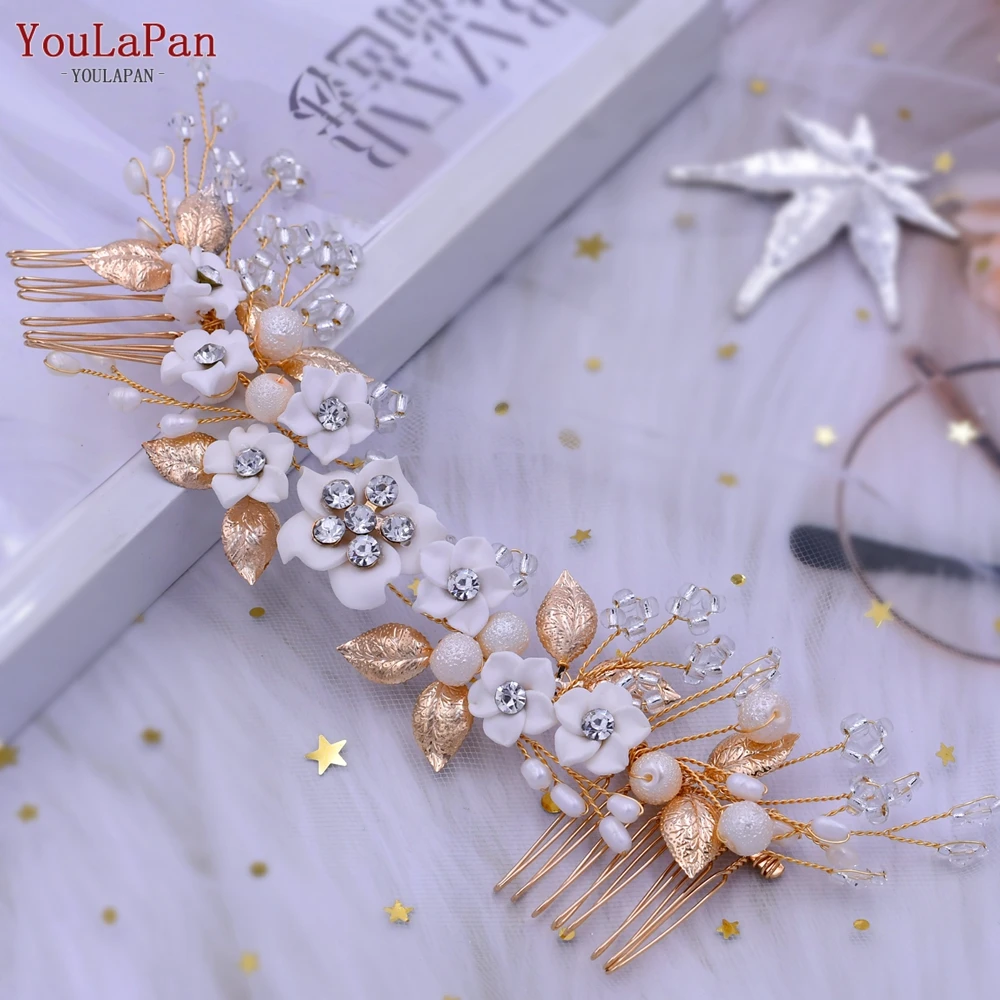 YouLaPan Gold Floral Wedding Hair Comb Bridal Crystal Pearls Headpiece Hair Accessories Bride Jewelry Women Hair Clips HP368