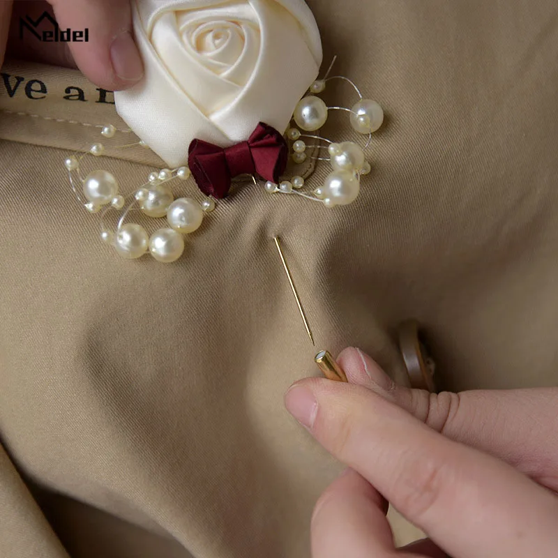 Meldel Corsage Groom Wedding Luxury Rose Boutonniere Rose Flower Fake Pearl Brooch Party Prom Corsage Lapel Pin Badge Buttonhole