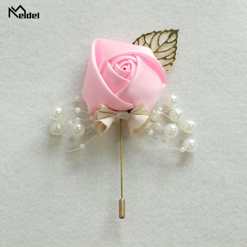 Meldel Corsage Groom Wedding Luxury Rose Boutonniere Rose Flower Fake Pearl Brooch Party Prom Corsage Lapel Pin Badge Buttonhole