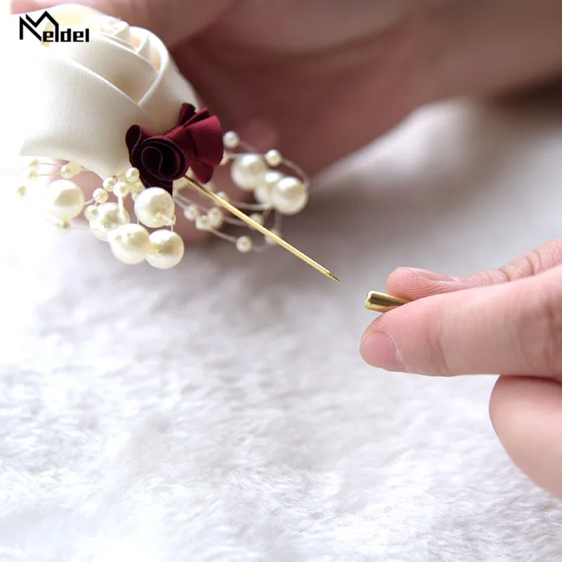 Meldel Corsage Groom Wedding Luxury Rose Boutonniere Rose Flower Fake Pearl Brooch Party Prom Corsage Lapel Pin Badge Buttonhole