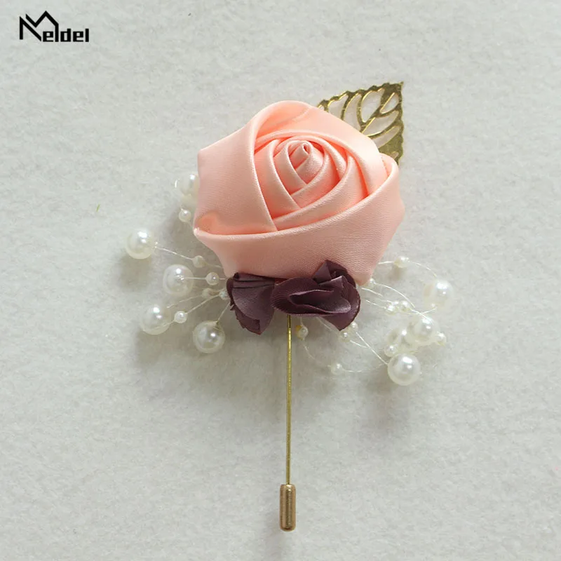 Meldel Corsage Groom Wedding Luxury Rose Boutonniere Rose Flower Fake Pearl Brooch Party Prom Corsage Lapel Pin Badge Buttonhole