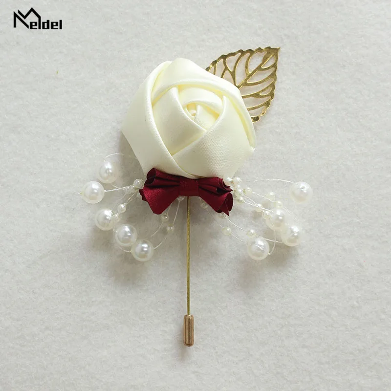 Meldel Corsage Groom Wedding Luxury Rose Boutonniere Rose Flower Fake Pearl Brooch Party Prom Corsage Lapel Pin Badge Buttonhole