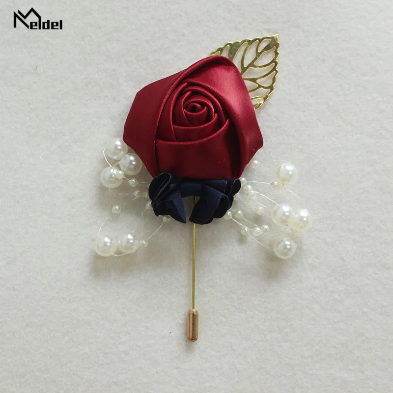 Meldel Corsage Groom Wedding Luxury Rose Boutonniere Rose Flower Fake Pearl Brooch Party Prom Corsage Lapel Pin Badge Buttonhole
