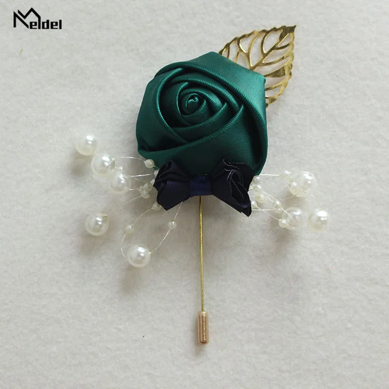 Meldel Corsage Groom Wedding Luxury Rose Boutonniere Rose Flower Fake Pearl Brooch Party Prom Corsage Lapel Pin Badge Buttonhole
