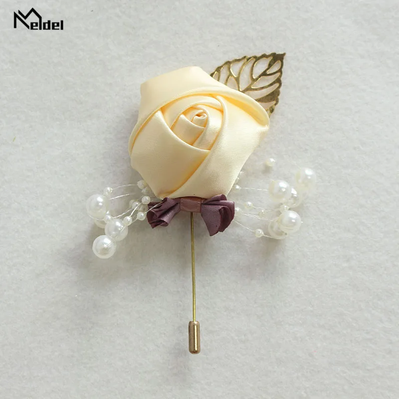 Meldel Corsage Groom Wedding Luxury Rose Boutonniere Rose Flower Fake Pearl Brooch Party Prom Corsage Lapel Pin Badge Buttonhole