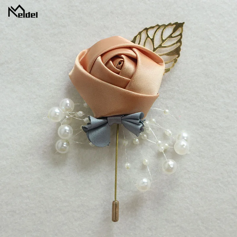 Meldel Corsage Groom Wedding Luxury Rose Boutonniere Rose Flower Fake Pearl Brooch Party Prom Corsage Lapel Pin Badge Buttonhole