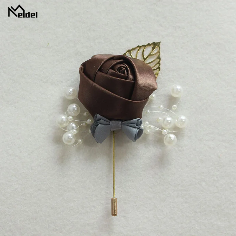 Meldel Corsage Groom Wedding Luxury Rose Boutonniere Rose Flower Fake Pearl Brooch Party Prom Corsage Lapel Pin Badge Buttonhole