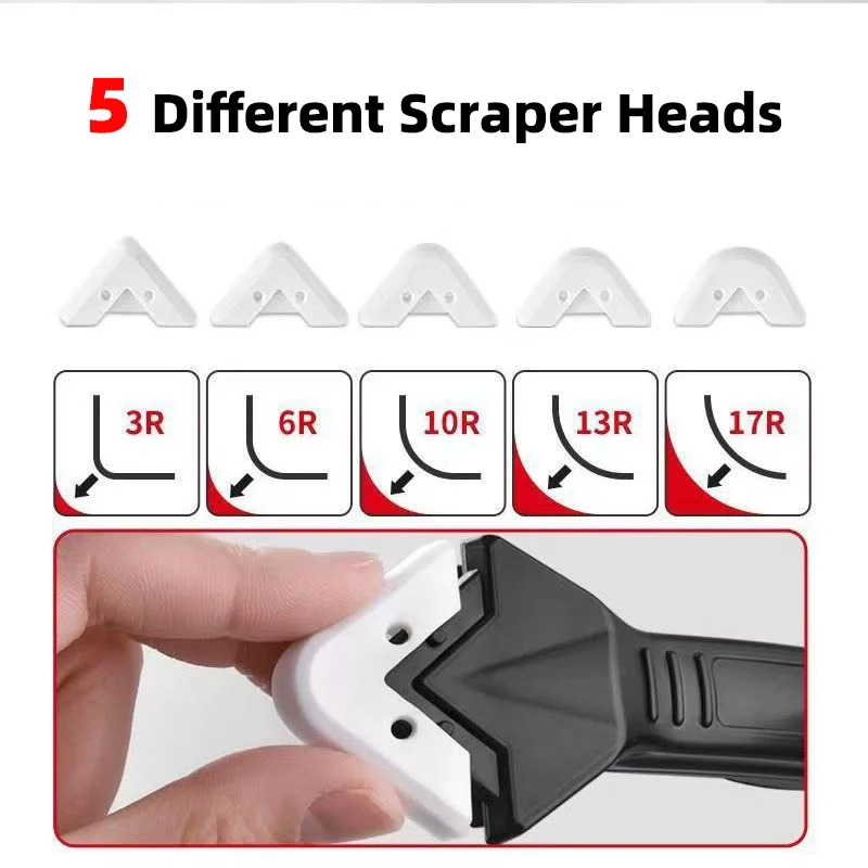 Silicone Scraper Squeegee Glue Remover Knife Caulking Angle Beauty Crack Trowel Tool Grout Scraper Kit with 5pcs Scraper Head
