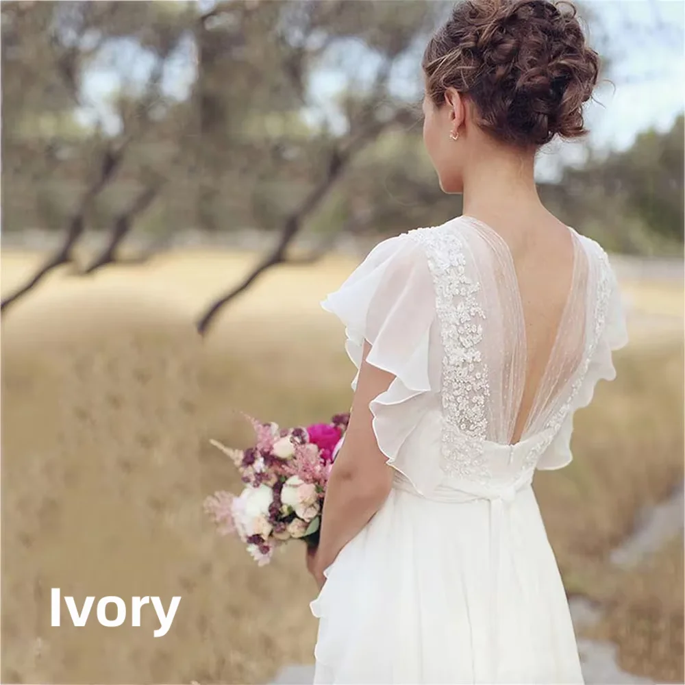 Bohemian Chiffon Wedding Dress Deep V Neck Ruffle Short Sleeve Lace Appliques Backless A-Line Bridal Gown Beach Wedding Dress