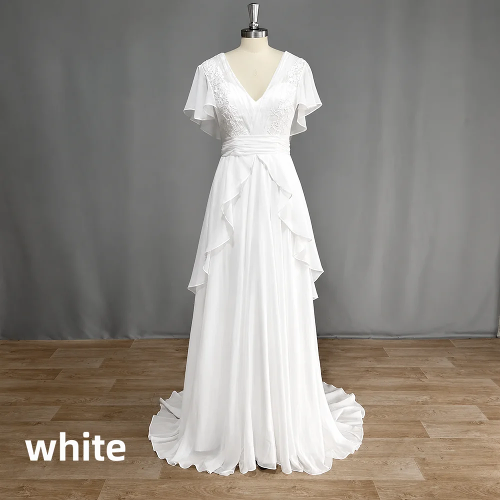 Bohemian Chiffon Wedding Dress Deep V Neck Ruffle Short Sleeve Lace Appliques Backless A-Line Bridal Gown Beach Wedding Dress