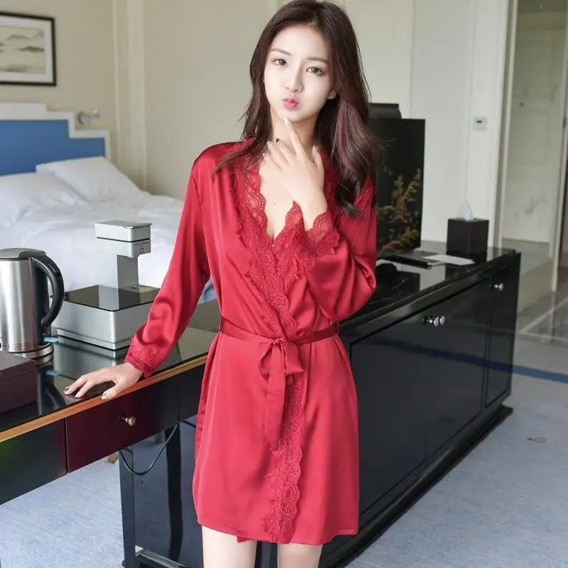 Women's Satin Silk Woman Lace Robe Female Lace Bathrobe Womens Robes Sleepwear Ladies Sexy Robe For Women Drop Shipping