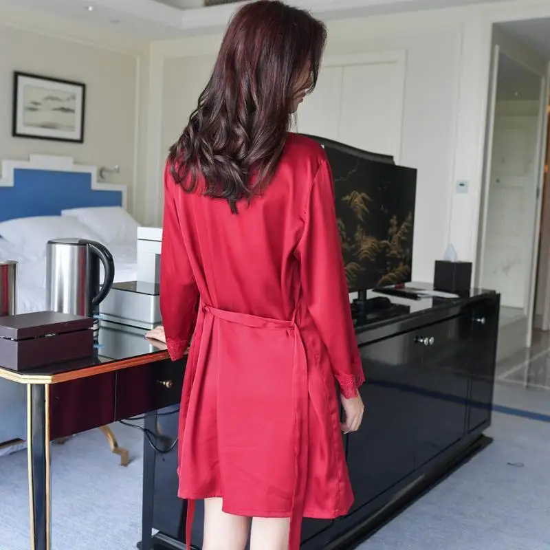 Women's Satin Silk Woman Lace Robe Female Lace Bathrobe Womens Robes Sleepwear Ladies Sexy Robe For Women Drop Shipping