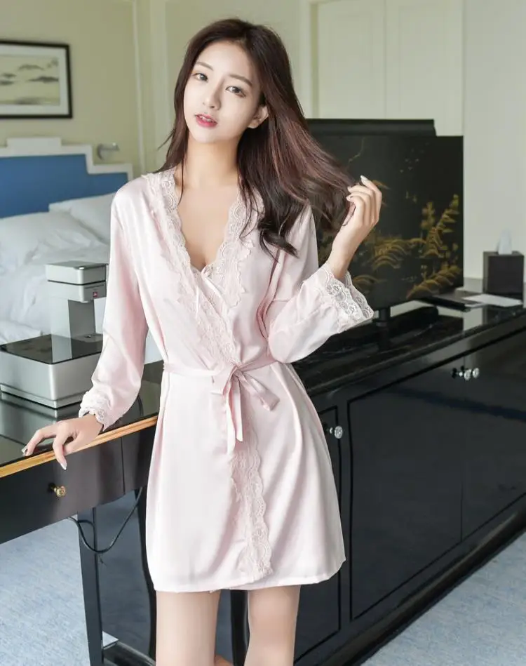 Women's Satin Silk Woman Lace Robe Female Lace Bathrobe Womens Robes Sleepwear Ladies Sexy Robe For Women Drop Shipping