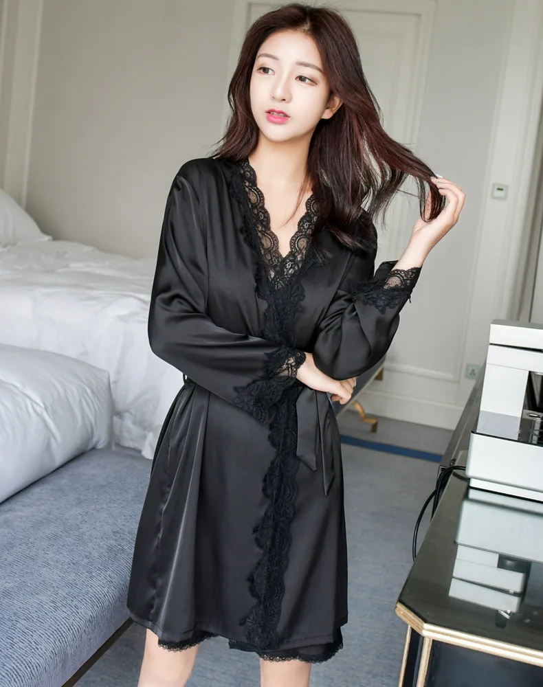 Women's Satin Silk Woman Lace Robe Female Lace Bathrobe Womens Robes Sleepwear Ladies Sexy Robe For Women Drop Shipping