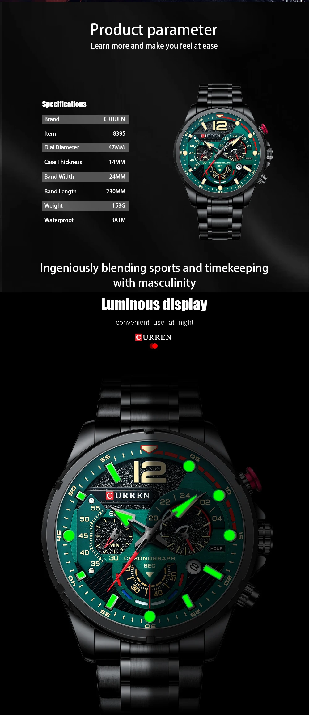 CURREN New Green Mens Watches Top Brand Luxury Stainless Steel Quartz Watch Men Sport Date Male Clock Waterproof Wristwatch