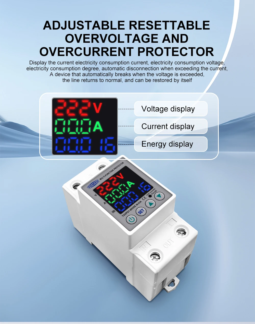 DIN Rail Dual Display Adjustable Over Voltage Current And Under Voltage Protective Device Protector Relay 40A 63A 80A 220V 230V