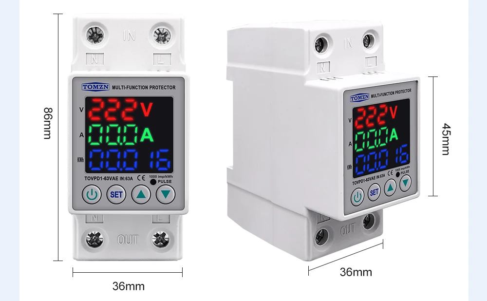 DIN Rail Dual Display Adjustable Over Voltage Current And Under Voltage Protective Device Protector Relay 40A 63A 80A 220V 230V