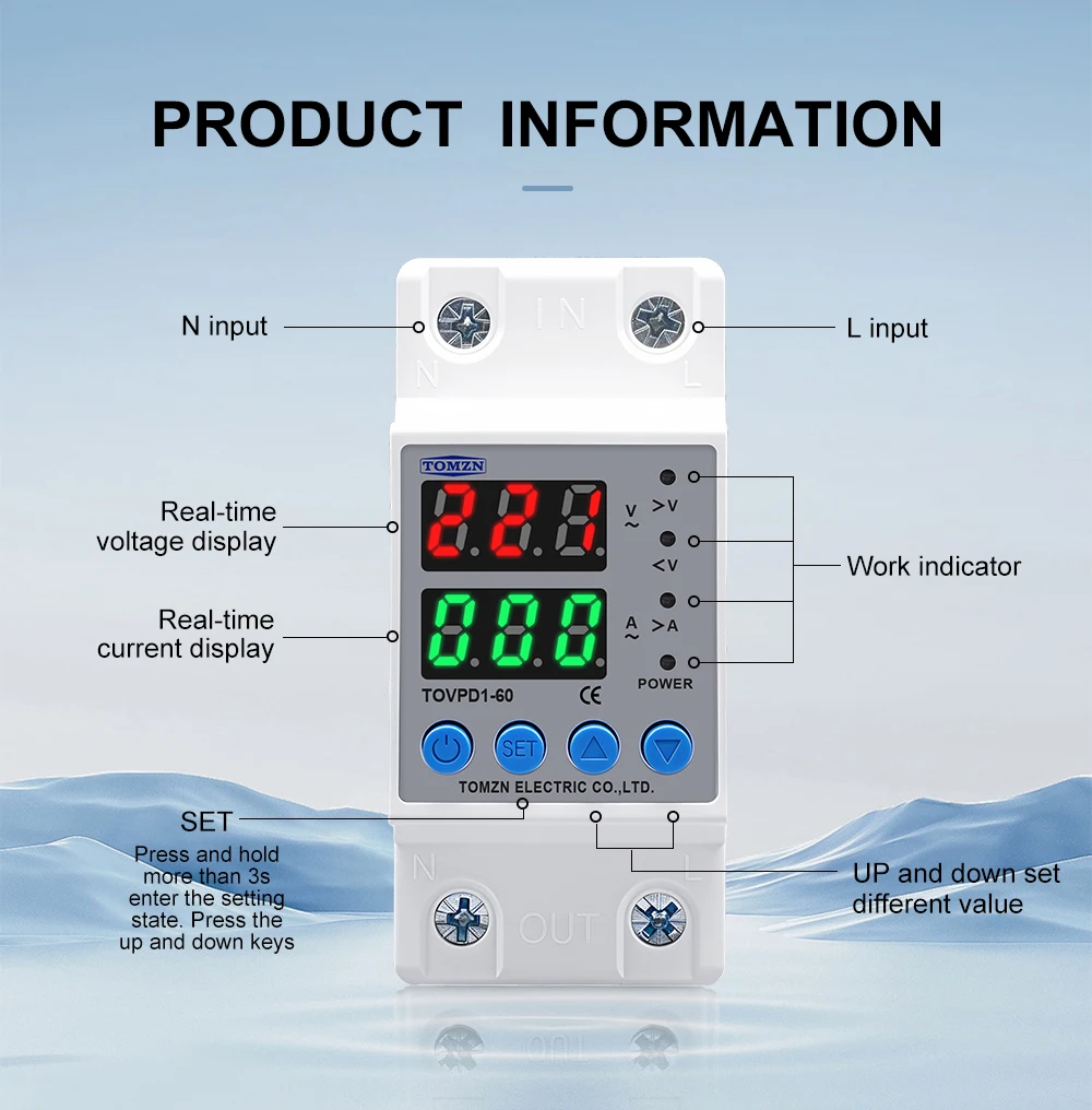DIN Rail Dual Display Adjustable Over Voltage Current And Under Voltage Protective Device Protector Relay 40A 63A 80A 220V 230V