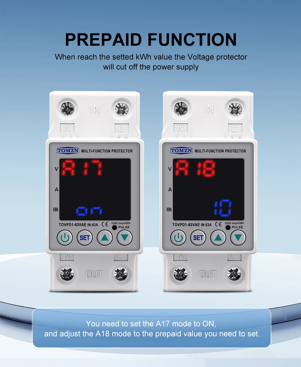 DIN Rail Dual Display Adjustable Over Voltage Current And Under Voltage Protective Device Protector Relay 40A 63A 80A 220V 230V