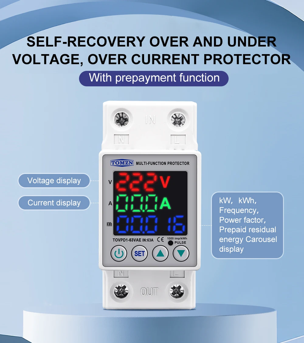 DIN Rail Dual Display Adjustable Over Voltage Current And Under Voltage Protective Device Protector Relay 40A 63A 80A 220V 230V