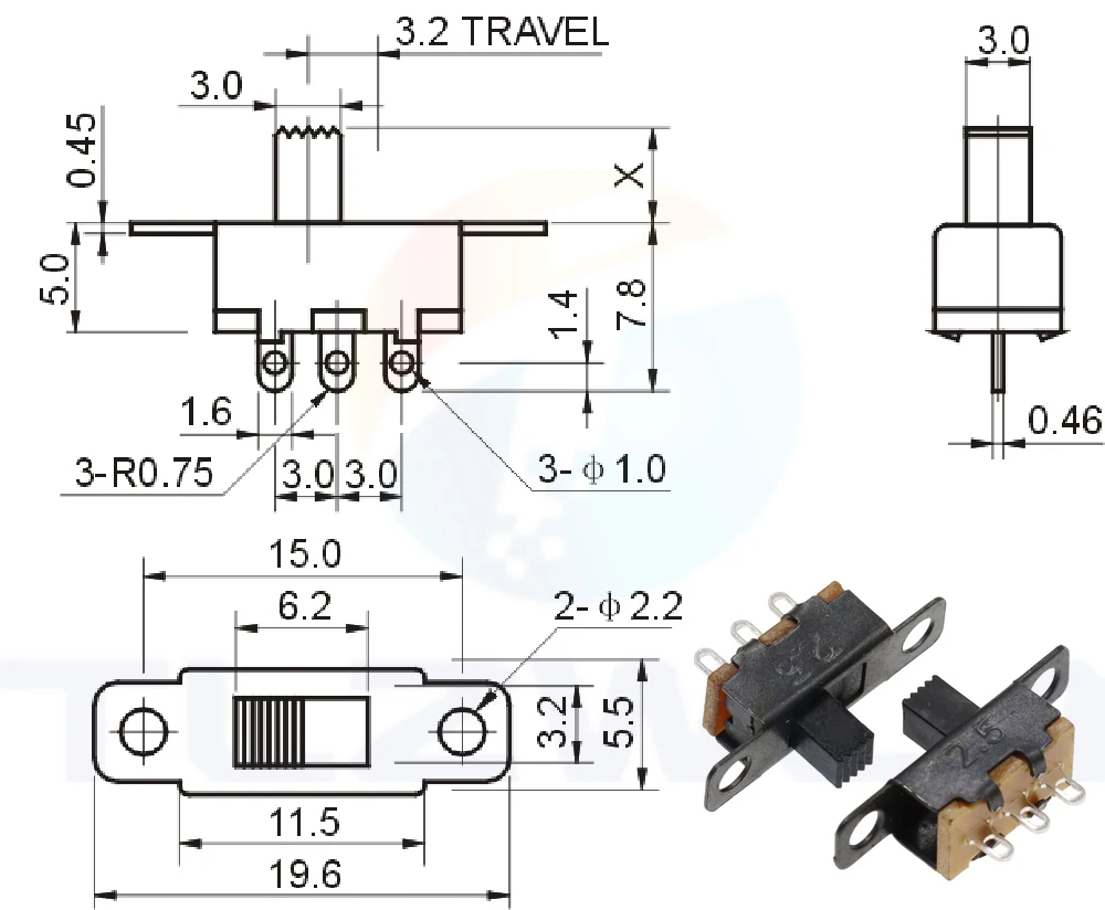 10PCS SS12F15 SS12F15VG4 Toggle Switch 3Pin 1P2T Slide Switch Handle High 4MM