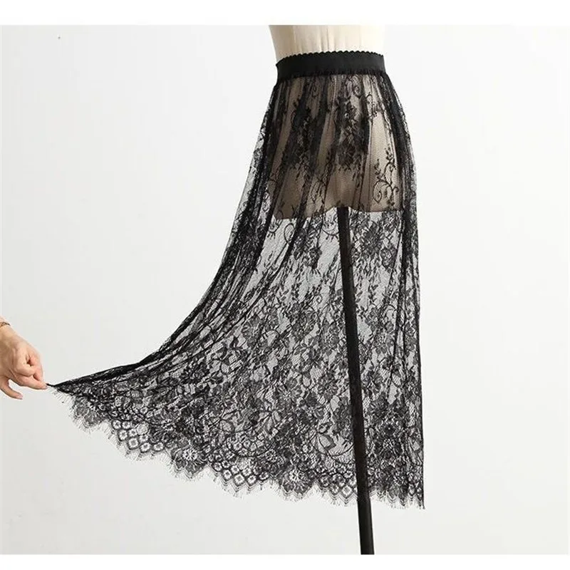 Women Sexy Mesh Lace Transparent Long Tulle Skirt Korean Fashion Summer Ladies Elastic High Waist Black White Beach Midi Skirt