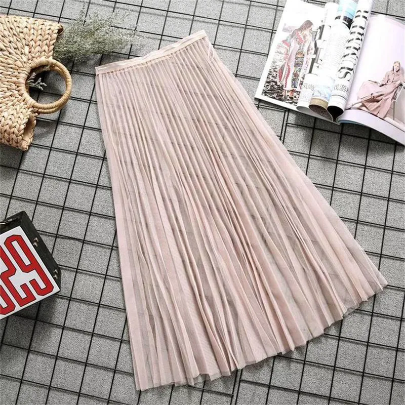 Women Sexy Mesh Lace Transparent Long Tulle Skirt Korean Fashion Summer Ladies Elastic High Waist Black White Beach Midi Skirt