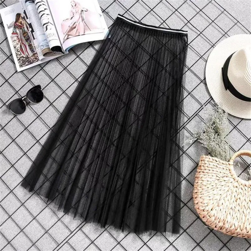 Women Sexy Mesh Lace Transparent Long Tulle Skirt Korean Fashion Summer Ladies Elastic High Waist Black White Beach Midi Skirt