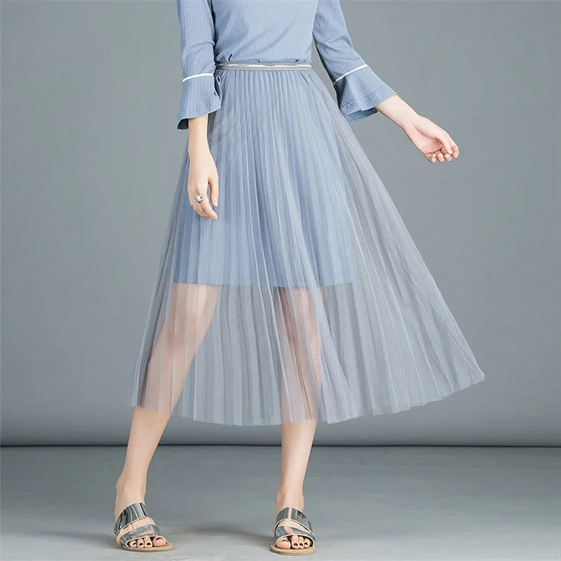 Women Sexy Mesh Lace Transparent Long Tulle Skirt Korean Fashion Summer Ladies Elastic High Waist Black White Beach Midi Skirt