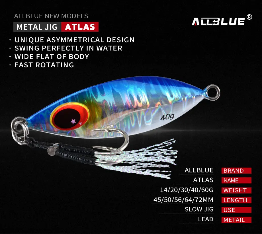 ALLBLUE ATLAS Metal Jig Spoon Lure 14G 20G 30G 40G 60G  Artificial Bait Shore Slow Jigging Super Hard Bass Fishing Tackle