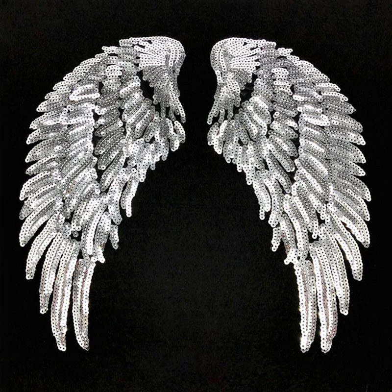 1 Pair Fashion Large Sequins Wing Embroidery Patch Fabric For Clothing Applique Coat DIY Accessories Iron On Repair