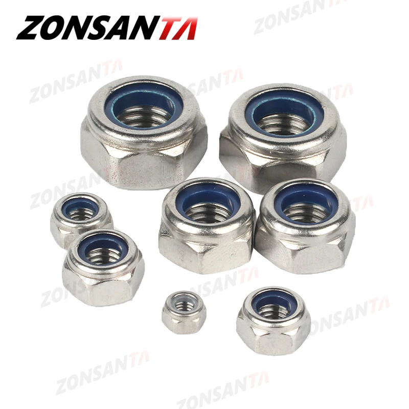 ZONSANTA Nylon Locknut 304 Stainless Steel Hex Hexagon Lock Nut DIN985 M2 M2.5 M3 M4 M5 M6 M8 M10 M12 M14 M16 M20 Non Slip Nuts