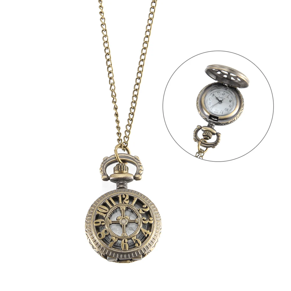 Vintage Pocket Small Watch Steampunk Quartz Watch With Chain Hollow Heart Cover Necklace Bronze Color Alloy Fob Clock Men Gift
