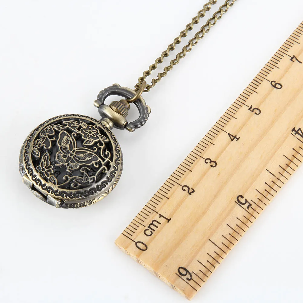 Vintage Pocket Small Watch Steampunk Quartz Watch With Chain Hollow Heart Cover Necklace Bronze Color Alloy Fob Clock Men Gift