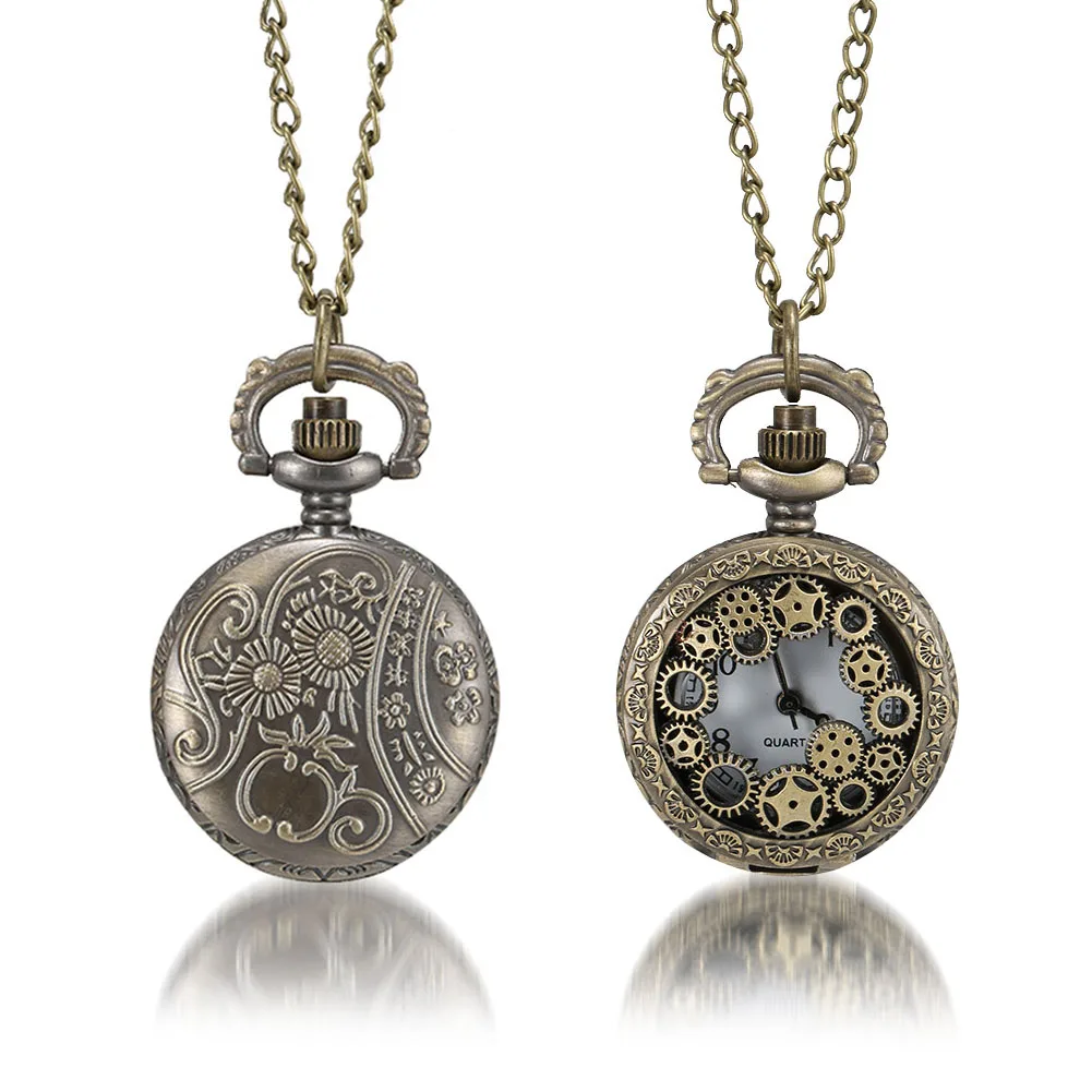 Vintage Pocket Small Watch Steampunk Quartz Watch With Chain Hollow Heart Cover Necklace Bronze Color Alloy Fob Clock Men Gift