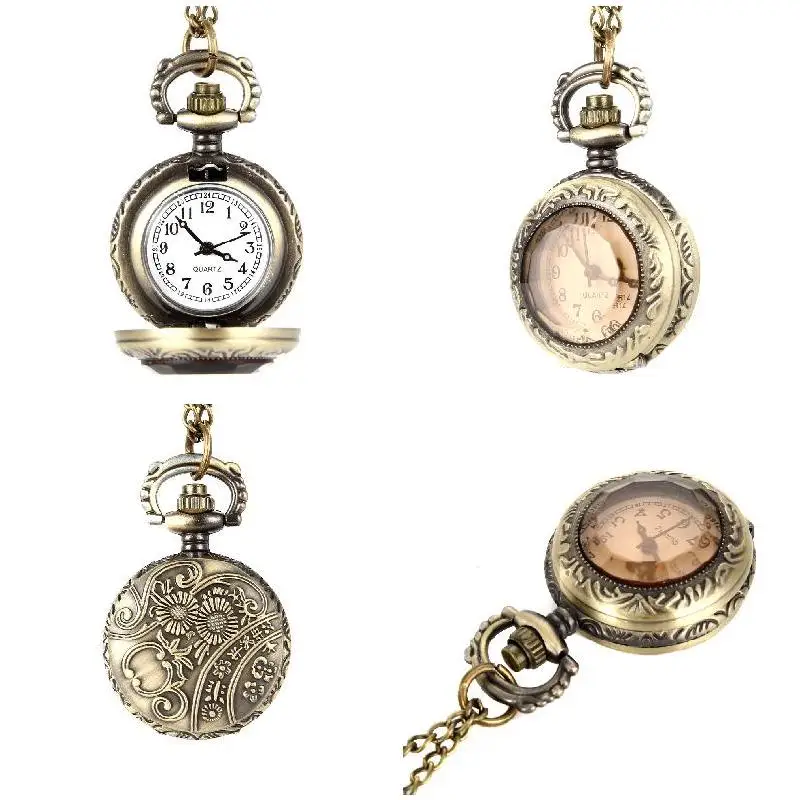Vintage Pocket Small Watch Steampunk Quartz Watch With Chain Hollow Heart Cover Necklace Bronze Color Alloy Fob Clock Men Gift