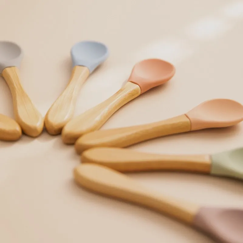 Baby Wooden Spoon Silicone Wooden Baby Feeding Spoon Organic Soft Tip Spoon BPA Free Food Grade Material Handle Toddlers Gifts