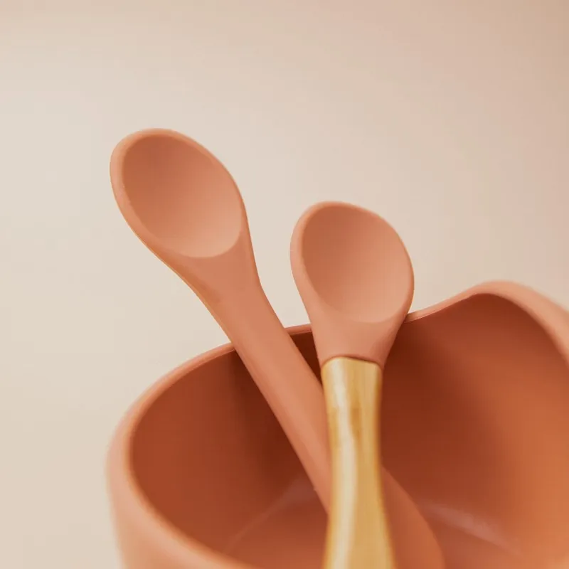 Baby Wooden Spoon Silicone Wooden Baby Feeding Spoon Organic Soft Tip Spoon BPA Free Food Grade Material Handle Toddlers Gifts