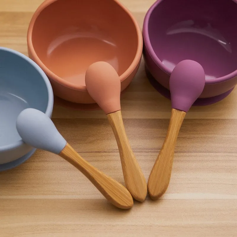 Baby Wooden Spoon Silicone Wooden Baby Feeding Spoon Organic Soft Tip Spoon BPA Free Food Grade Material Handle Toddlers Gifts