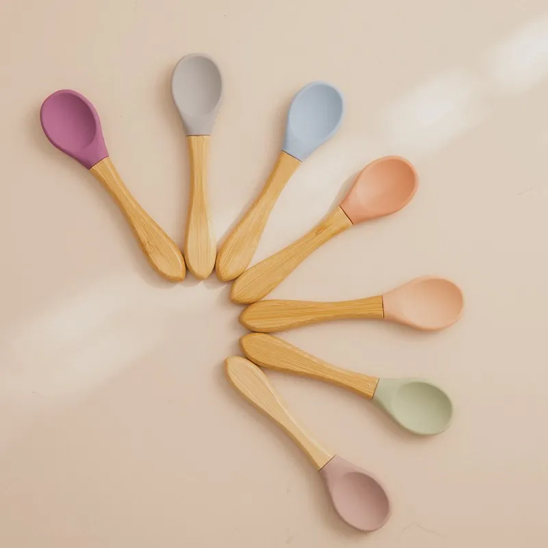 Baby Wooden Spoon Silicone Wooden Baby Feeding Spoon Organic Soft Tip Spoon BPA Free Food Grade Material Handle Toddlers Gifts