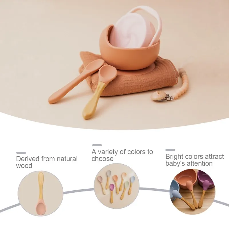 Baby Wooden Spoon Silicone Wooden Baby Feeding Spoon Organic Soft Tip Spoon BPA Free Food Grade Material Handle Toddlers Gifts
