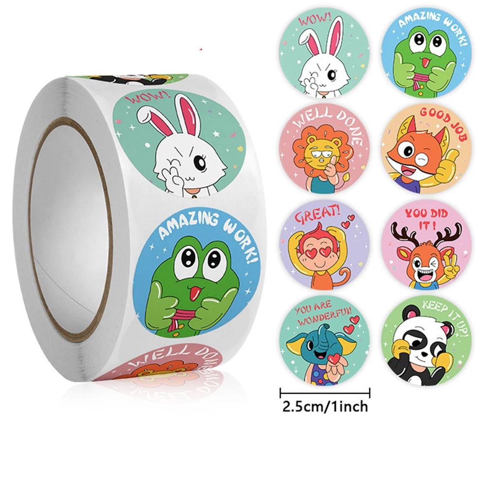 50-500Pcs Round English Cartoon Animal Stickers Teacher Reward Students Stickers Self-adhesive Stationery Stickers