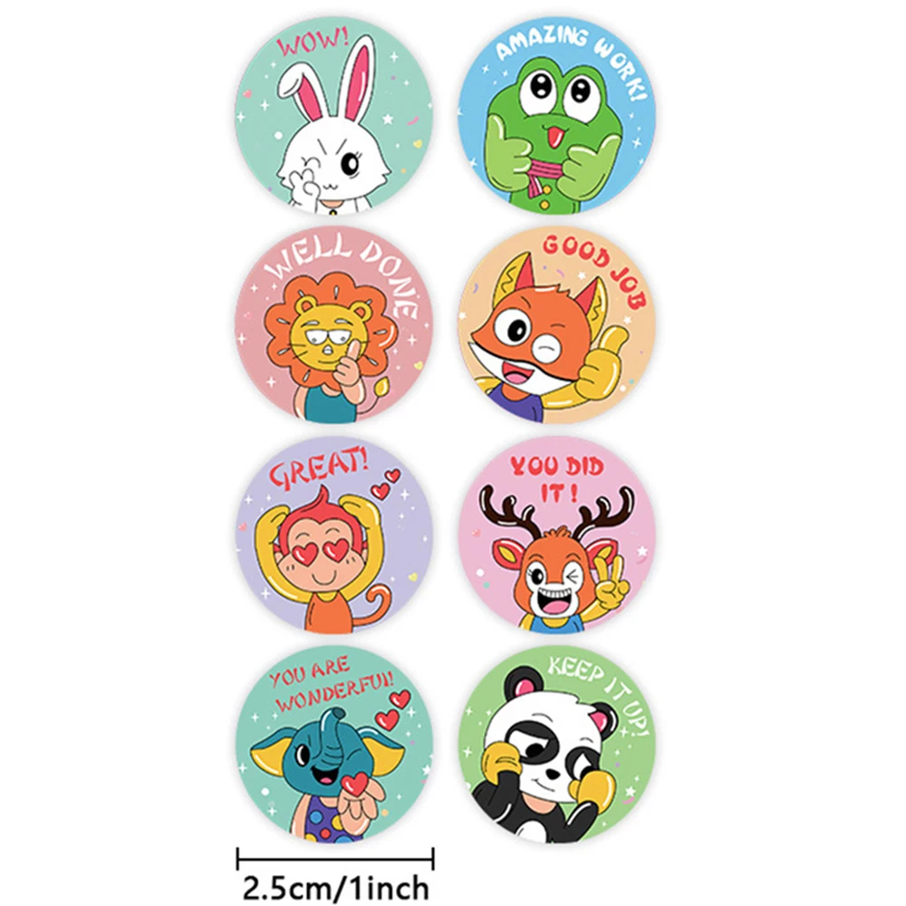 50-500Pcs Round English Cartoon Animal Stickers Teacher Reward Students Stickers Self-adhesive Stationery Stickers