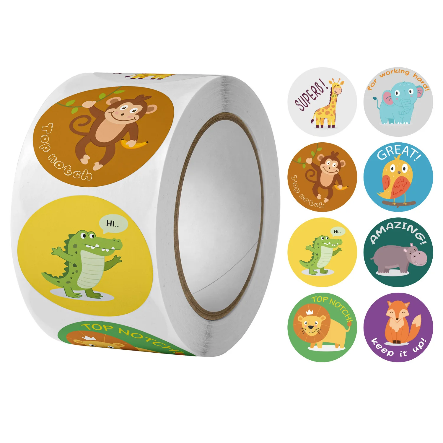50-500Pcs Round English Cartoon Animal Stickers Teacher Reward Students Stickers Self-adhesive Stationery Stickers