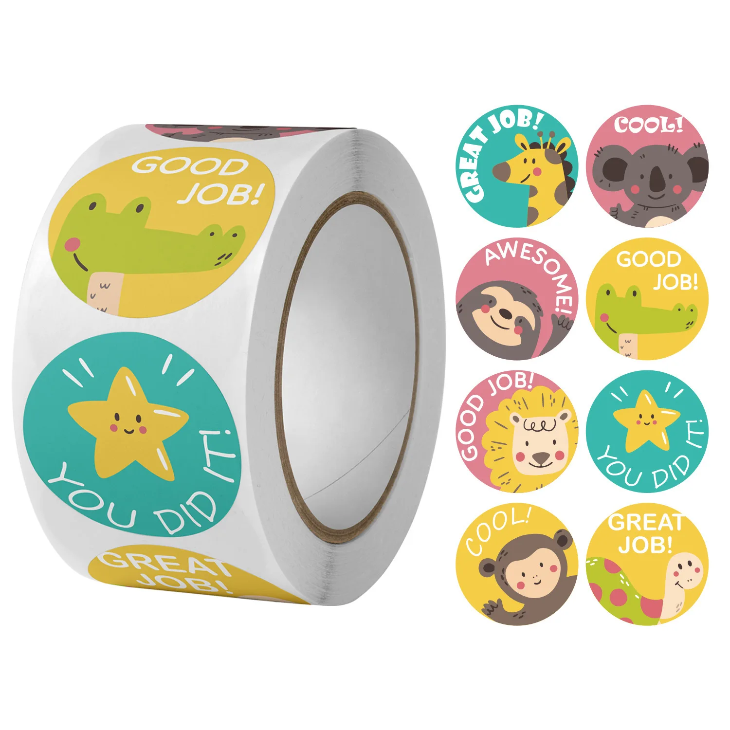 50-500Pcs Round English Cartoon Animal Stickers Teacher Reward Students Stickers Self-adhesive Stationery Stickers