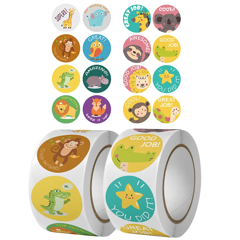 50-500Pcs Round English Cartoon Animal Stickers Teacher Reward Students Stickers Self-adhesive Stationery Stickers